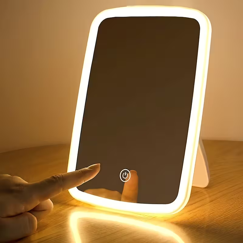 3-Color Changing Makeup Mirror with Touch Sensor, 3 Lighting Modes - Self-Lighting, Natural Light & Warm Light, Adjustable Brightness, Portable Foldable Rechargeable Desktop Vanity Mirror, USB Powered, Polished Surface, Plastic Frame, Surface